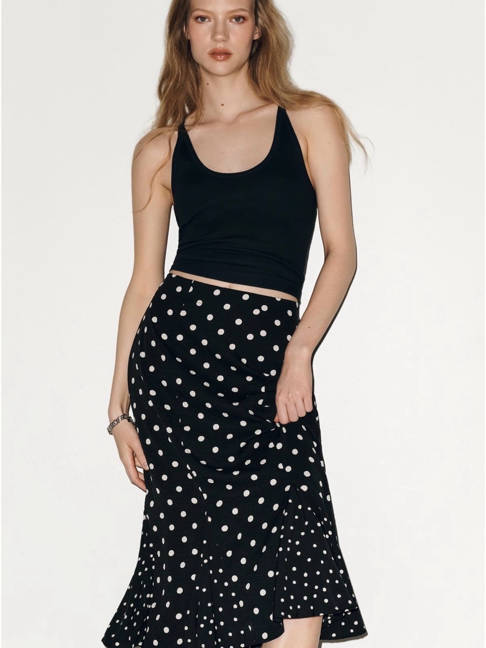 NWT! Maeve Godet flare Polka Dot Black Midi Skirt
